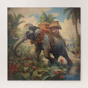 Puzzle Elefante de escena botánica vintage con howdah