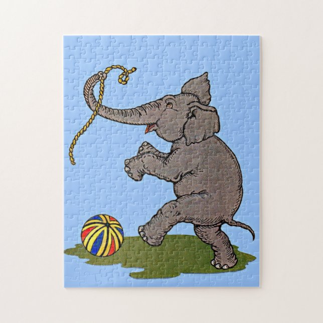 Puzzle elefante feliz jugando con cuerda y bola (Vertical)