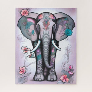 Puzzle Elefante gris indio adornado con flores
