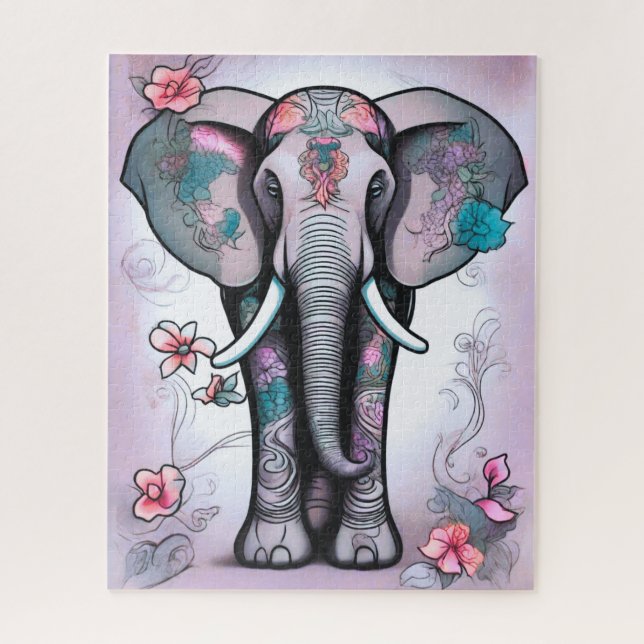 Puzzle Elefante gris indio adornado con flores (Vertical)