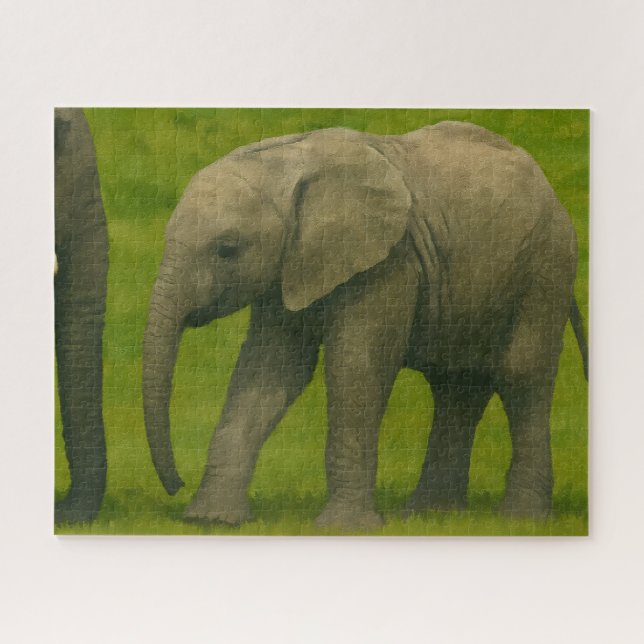 Puzzle Elefante joven con tutor en reserva de hierba (Horizontal)