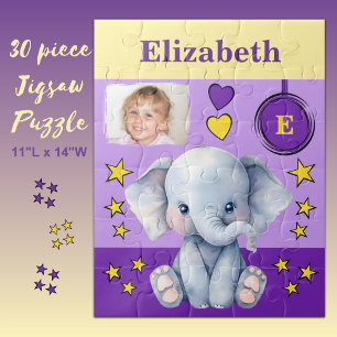 Puzzle elefante lindo nombre foto niños morado amarillo