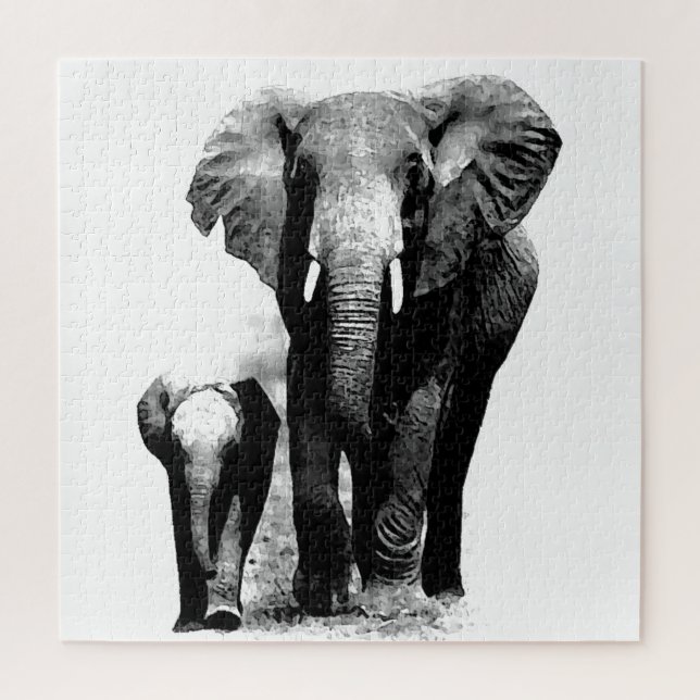 Puzzle Elefante negro y blanco y bebé - Arte de animales (Vertical)