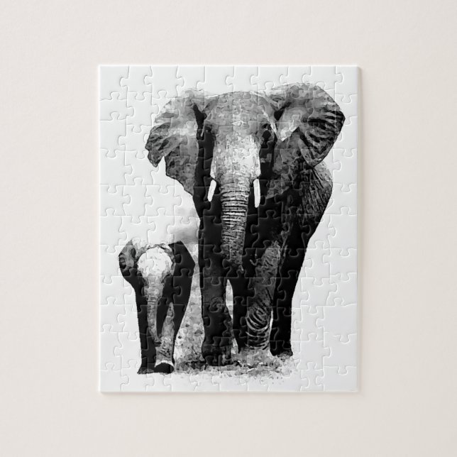 Puzzle Elefante negro y blanco y bebé - Arte de animales (Vertical)