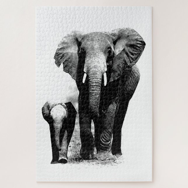 Puzzle Elefante negro y blanco y bebé - Arte de animales (Vertical)