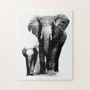 Puzzle Elefante negro y blanco y bebé - Arte de animales