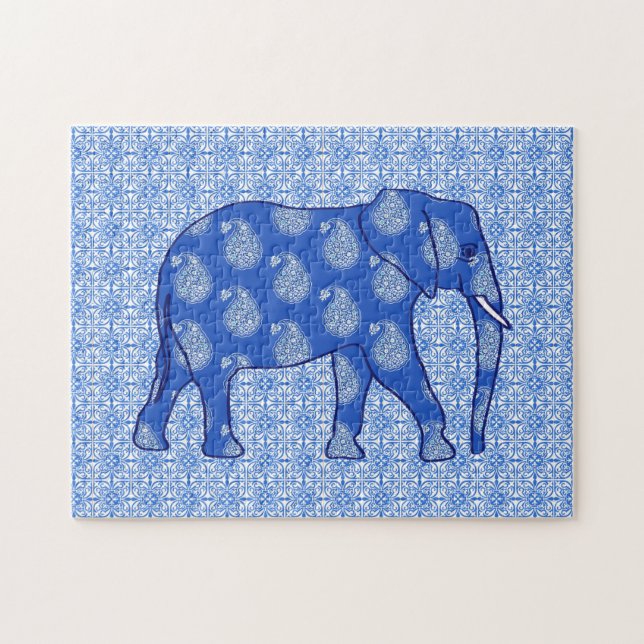 Puzzle Elefante paisley, azul cobalto y blanco (Horizontal)