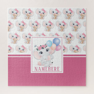 Puzzle Elefante Rosa Femenino con Lazo y Patrón de Globo