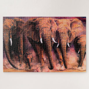 Puzzle Elefantes africanos al atardecer, cargando al reba
