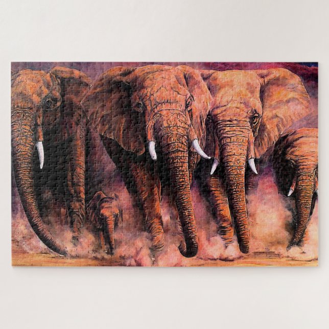 Puzzle Elefantes africanos al atardecer, cargando al reba (Horizontal)