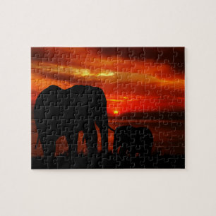 Puzzle Elefantes al atardecer