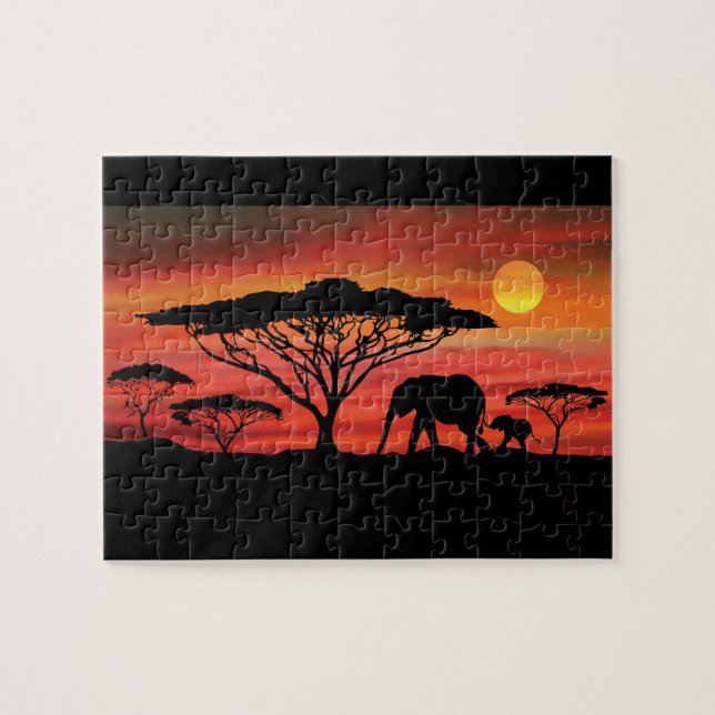 Puzzle elefantes al atardecer de Serengeti (Horizontal)