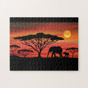 Puzzle Elefantes en la puesta de sol de Serengeti
