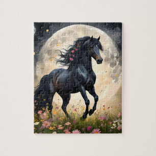 Puzzle Elegancia lunar: caballo negro de fantasía con lun