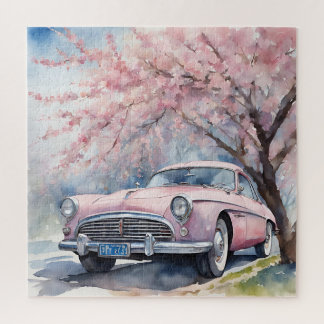 Puzzle Elegancia rosa: auto viejo en acuarela