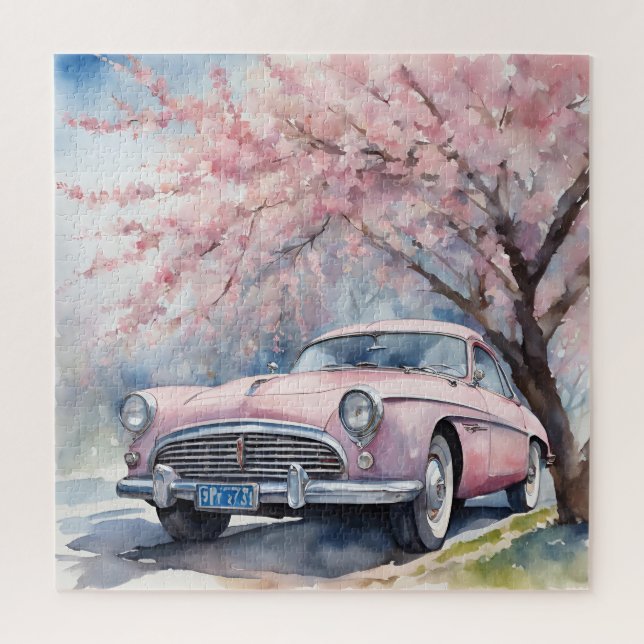 Puzzle Elegancia rosa: auto viejo en acuarela (Vertical)