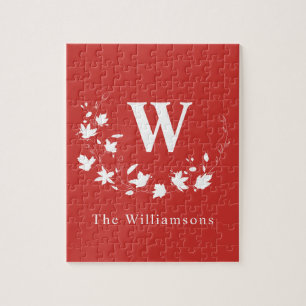 Puzzle Elegant Botanical Wreath Monogrammed Name Red