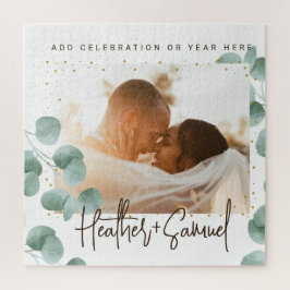 Puzzle Elegant Greenery Wedding Photo and Text