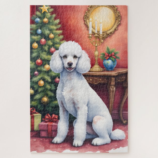 Puzzle Elegant Poodle Beside Christmas Tree Holiday Dog  (Vertical)