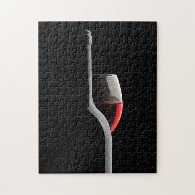 Puzzle Elegant Red Wine Glass & Bottle. Black Background (Vertical)