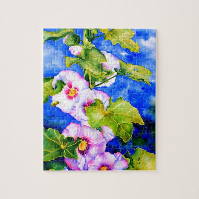 Puzzle Elegante acuarela flores florales rosas Hollyhocks (Vertical)