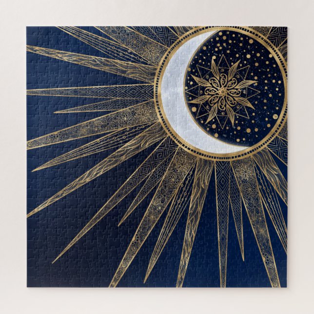 Puzzle Elegante Blue Gold Sun Moon Mandala (Vertical)