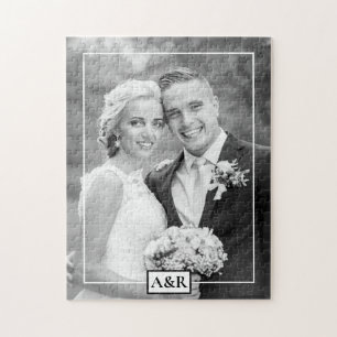 Puzzle Elegante boda de borde fino blanco e iniciales