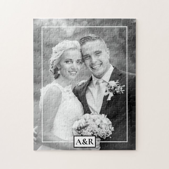 Puzzle Elegante boda de borde fino blanco e iniciales (Vertical)