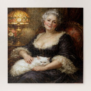 Puzzle Elegante dama barroca posando con gato blanco