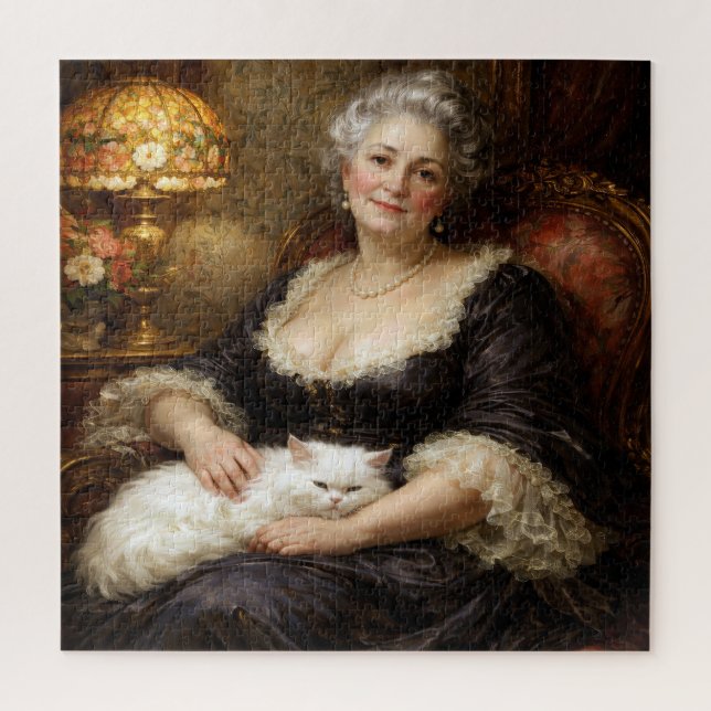 Puzzle Elegante dama barroca posando con gato blanco (Vertical)