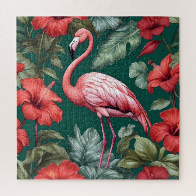 Puzzle Elegante Flamingo Hibiscus Flowers Emerald Green (Vertical)