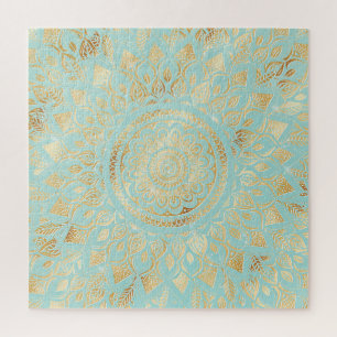 Puzzle Elegante floral de Mandala Verde azulada con luz d