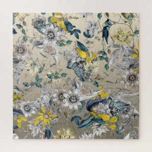 Puzzle Elegante floral dorada vintage de color gris amari
