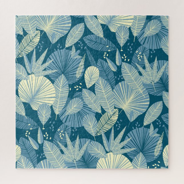 Puzzle Elegante Foliage: Patrón Tropical Gris-Azul. (Vertical)