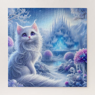 Puzzle Elegante gato blanco en un reino mágico nevado