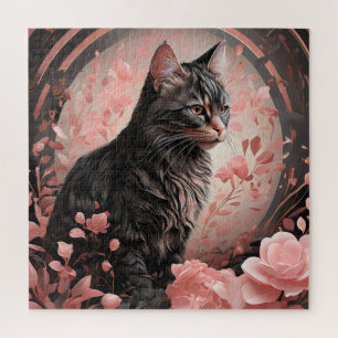 Puzzle Elegante gato negro rodeado de flores rosas