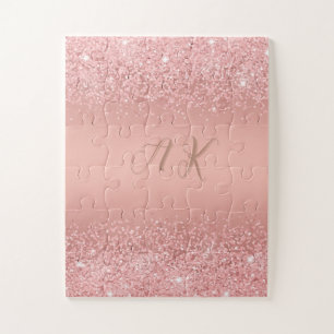 Puzzle Elegante Monograma de Rosa Dorado Luxe con Brillo