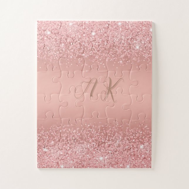 Puzzle Elegante Monograma de Rosa Dorado Luxe con Brillo (Vertical)