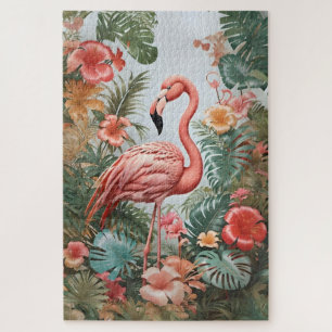 Puzzle Elegante pájaro rosa flamenco y flores tropicales