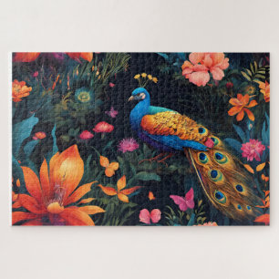 Puzzle Elegante pavo real azul y oro en un jardín colorid