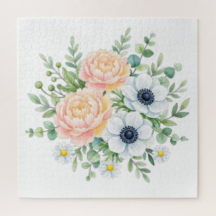 Puzzle Elegante peonía en acuarela y floral de anemona bl