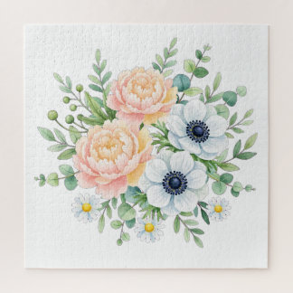 Puzzle Elegante peonía en acuarela y floral de anemona bl