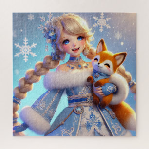 Puzzle Elegante princesa de invierno sosteniendo un zorro