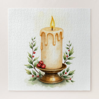 Puzzle Elegante vela de Navidad y follaje con bayas rojas