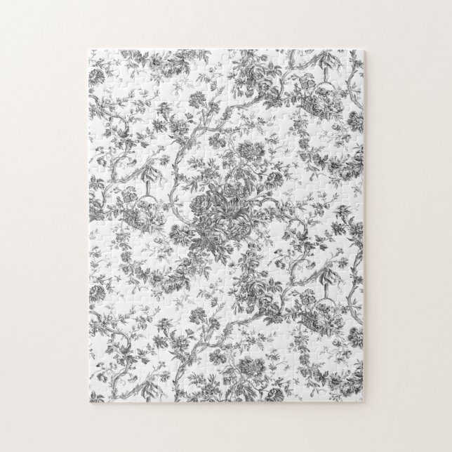 Puzzle Elegante Vintage Francés Grabado Floral Toile-Gris (Vertical)