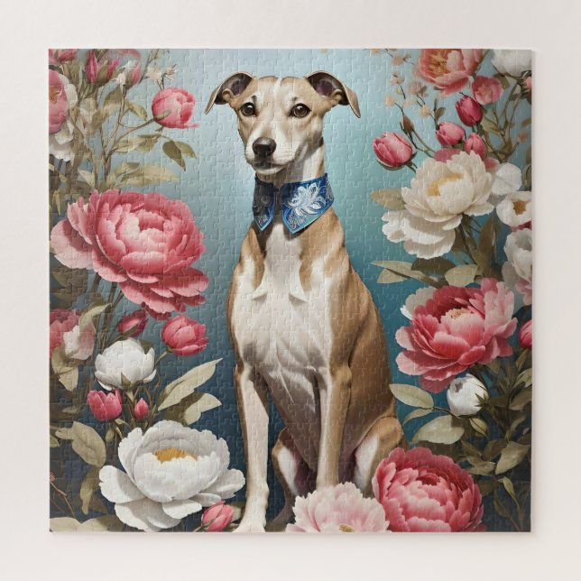 Puzzle Elegante Whippet Pink Peony Flores fondo azul (Vertical)