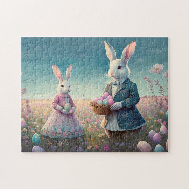 Puzzle Elegantes conejillos de Pascua Vintage recogiendo  (Horizontal)