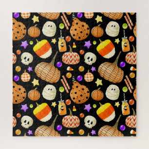 Puzzle Elementos de Halloween: calabazas, calavera, patró