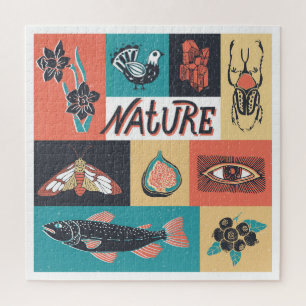 Puzzle Elementos Naturales, Iconos De Estilo Retro.
