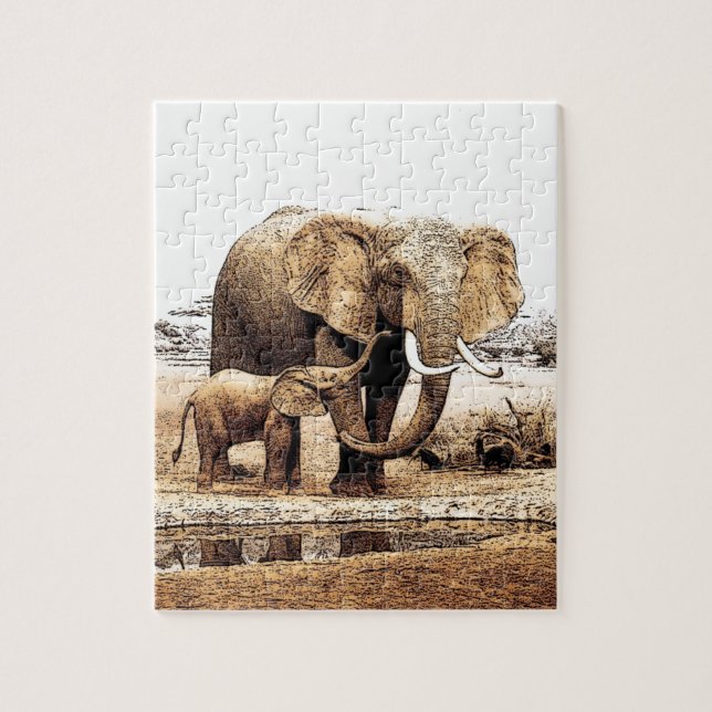 Puzzle Elephant Family Ilustracion Animal Art (Vertical)